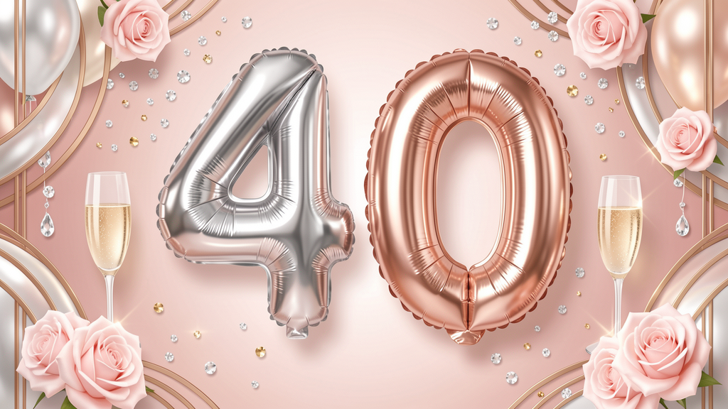 Glamorous pink, rose-gold, and silver fortieth birthday artwork with balloons and champagne